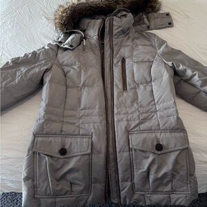 Gray Hooded Puffer Jacket with Faux Fur Trim